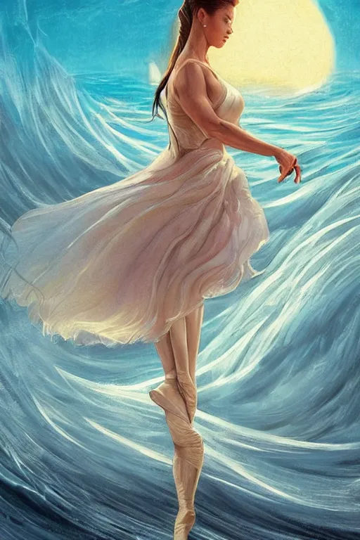 Prompt: a ballet dancing Sofía Vergara as a heroine with a dress inspired by the great wave off kanagawa on the beach at sunrise, digital painting, artstation, concept art, smooth, sharp focus, illustration, in-frame, centered, art by artgerm and donato giancola and Joseph Christian Leyendecker, Ross Tran, WLOP