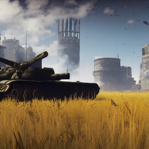 Image similar to a high resolution very detailed image of russian tank boss fight from nier : automata in yellow rye field under pure blue skies