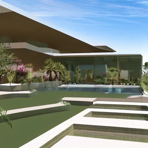 Prompt: architectural rendering of biophilia building in the desert, biomimetry, pool, garden