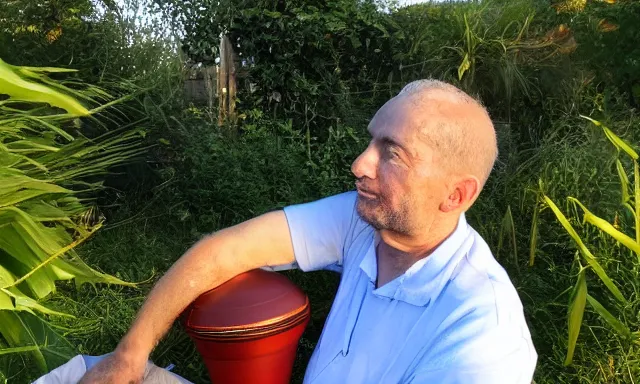 Image similar to My dad Steven just took a hit from the bongo and have good time being gracefully relaxed in the garden, sunset lighting. My second name is Carell. My dad second name is Carell