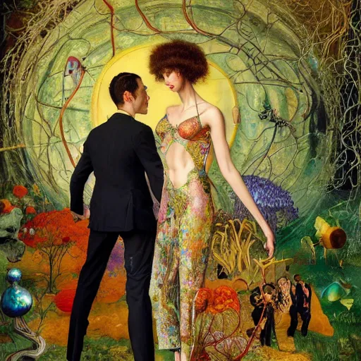 Image similar to two lovers wearing a suit made of nervous system, channeling third eye energy, surrounded by a background of cyber mystic garden of earthly delights, painted part by wojciech siudmak, part by ilya repin, part by norman rockwell, part by zhang jingna, artstation