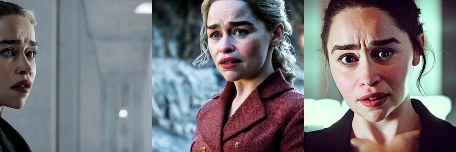 Prompt: close-up of Emilia Clarke as a detective in a movie directed by Christopher Nolan, movie still frame, promotional image, imax 70 mm footage