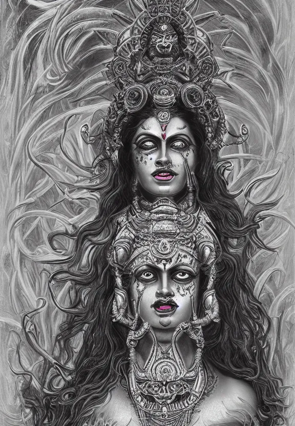 Prompt: perfectly centered portrait, front view of a beautiful biomechanical goddess kali, female, flowing hair, intense stare, sweet smile, symmetrical, concept art, intricate detail, volumetric shadows and lighting, psychedelic colors, vibrant, realistic oil painting by gustave dore