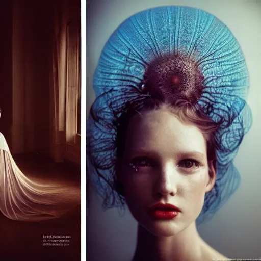 Image similar to Fashion photography of a woman wearing a dress inspired by a jellyfish, artistic photography, insanely detailed, chiaroscuro, cinestill 800t, Vogue magazine
