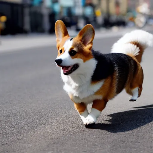 Prompt: a corgi walking down the street