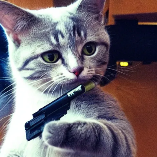 Image similar to “A cat, holding a gun in its paws”