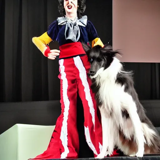 Image similar to a border collie dressed as a woman doing a fashion show in a theater, the audience consists of dogs, painted in acrylic