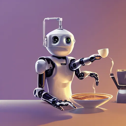 Image similar to hyperdetailed illustration of a friendly empatic highly robot serving a cup of coffee, by simon stalenhaag, by m. w. kaluta, high depth of field, fresh colors, coffee beans, coffee, steam, hyperdetailed, hyperrealistic, moody light, 3 d octane render, 4 k, volumetric lights, smooth, cosy atmosphere, artstation!