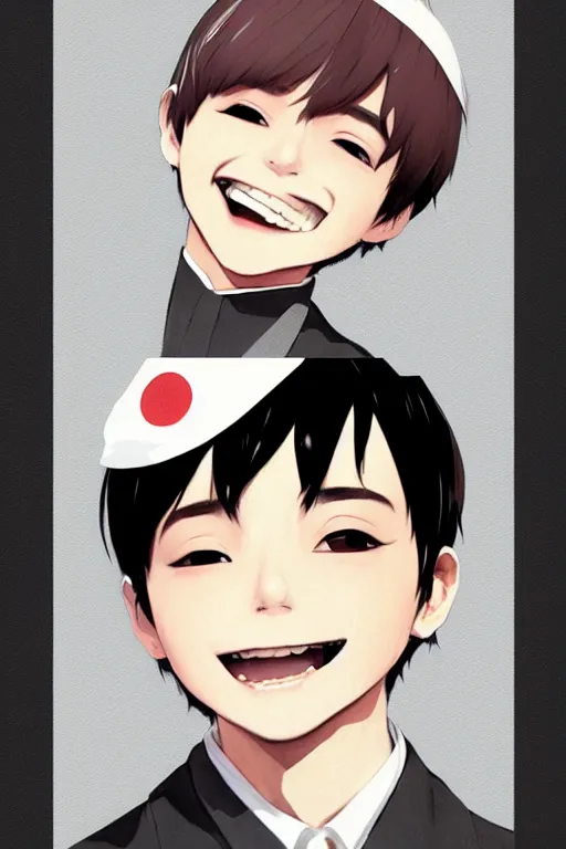 Prompt: a headshot of a very happy yoongi gummy smile - short black hair wearing male school uniform, sharp focus, illustration, morandi color scheme, art station, high detailed, by ilya kuvshinov, gorillaz art