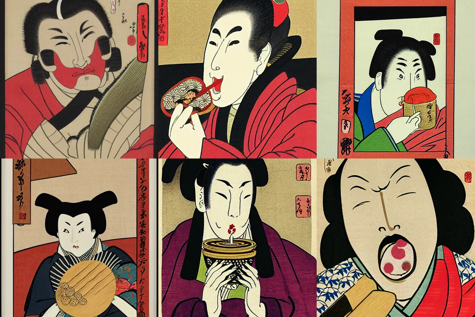 Prompt: ukiyo-e kabuki actor eating an ice cream wood block print