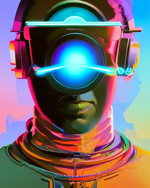 Image similar to washington as future coder man looking on, sleek cyclops display over eyes and sleek bright headphoneset, neon accent lights, holographic colors, desaturated headshot portrait digital painting by dean cornwall, rhads, john berkey, tom whalen, alex grey, alphonse mucha, donoto giancola, astronaut cyberpunk electric