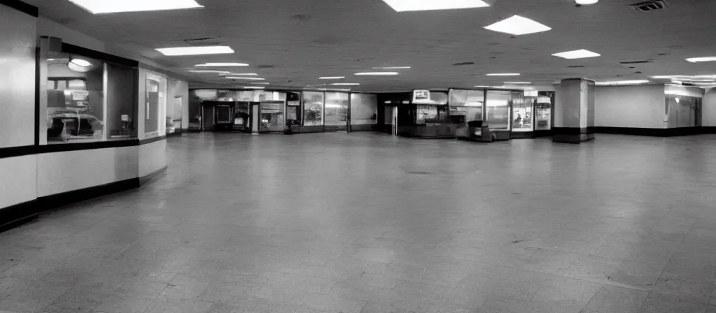 Image similar to circa 2 0 0 2 1 3 mm film photograph of an empty mcdonalds, liminal, dark, flash on, blurry, grainy, unsettling