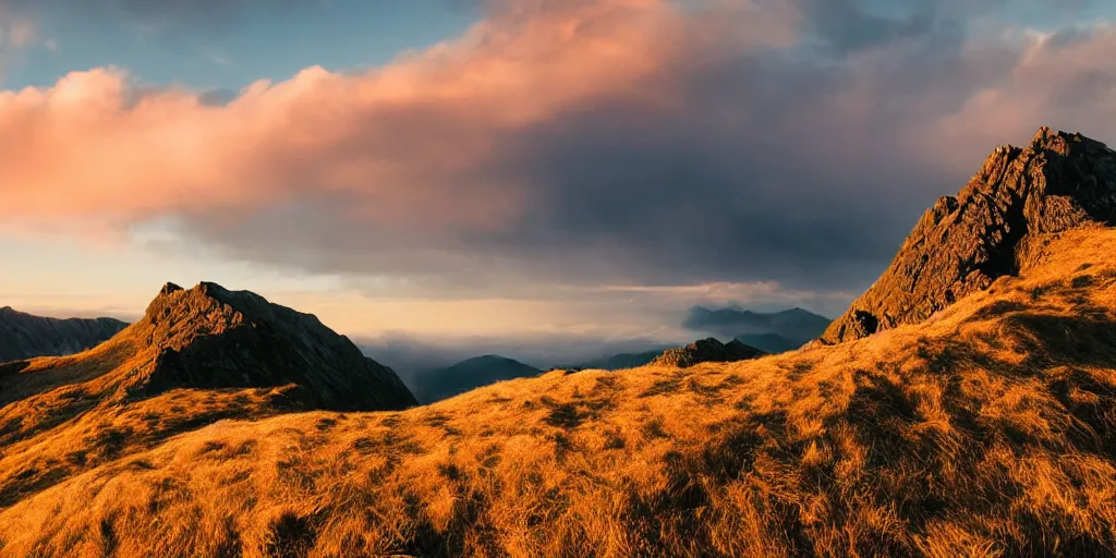 Prompt: Crib Goch!!!!!!!!!!! ridge, rays, epic, cinematic, photograph, atmospheric, dawn, golden hour, sunrise, purple golden blue sky clouds, lake, arthouse cinema, Sofia Coppola, soft focus