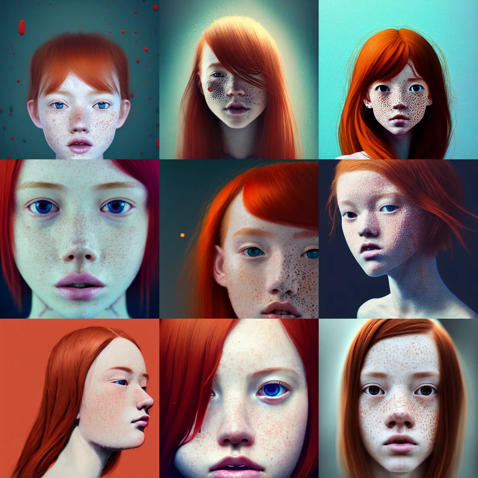 Prompt: portrait of a redheaded petite teenage girl with freckles. intricate abstract. intricate artwork by Tooth Wu, wlop, beeple, dan mumfor, , greg rutkowski, trending on artstation, very coherent symmetrical artwork, perfect face, 35 mm, cinematic, hyper realism, high detail, octane render, 8k, chrome accents, studio lightning