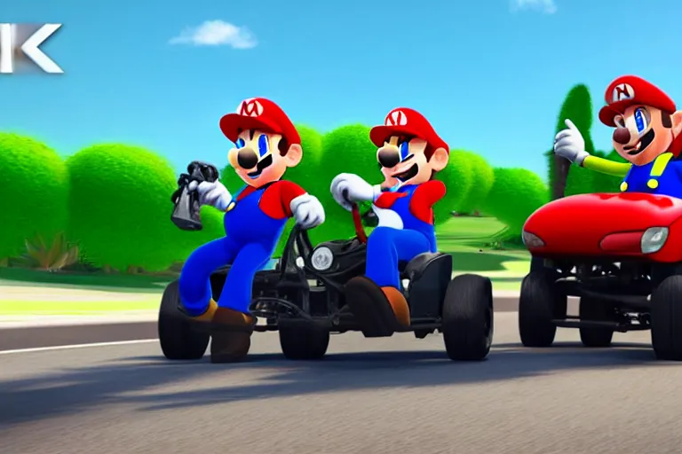 Image similar to mario brothers and sonic the hedgehog driving golf carts, movie still, from the new fast and furious movie, 8 k, hd