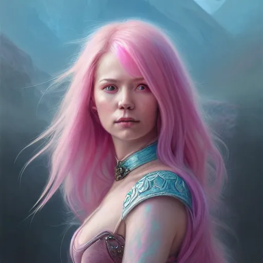 Image similar to pink haired mage medium portrait, female, glacier landscape, norway, d & d, fantasy, intricate, elegant, highly detailed, digital painting, pink and teal color palette, artstation, octane render, concept art, matte, sharp focus, illustration, herrarthstone, art by artgerm and greg rutkowski and alphonse mucha