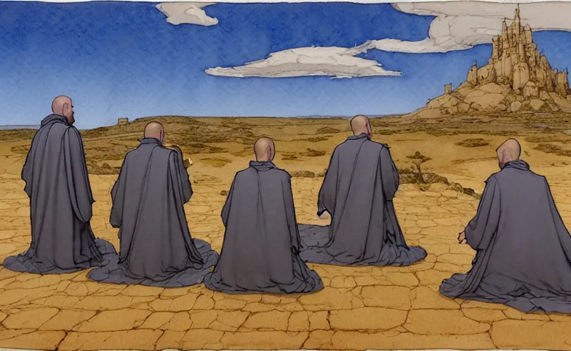Image similar to a hyperrealist watercolour concept art of a group of medieval monks in grey robes kneeling in prayer. a large primitive ufo is in the sky. on a desert road. by rebecca guay, michael kaluta, charles vess and jean moebius giraud. high detail, hq, wide shot