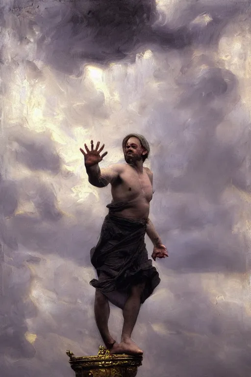 Image similar to beautiful detailed expressive impressionistic oil painting portrait of ancient roman god emperor steve buscemi levitating, ascending into the dark wearing the civic crown, renaissance painting, black background, art by anders zorn, wonderful masterpiece by greg rutkowski, expressive brush strokes, beautiful cinematic light, american romanticism by greg manchess, jessica rossier