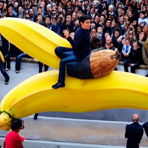 Prompt: Manuel Valls riding a giant banana over barcelona