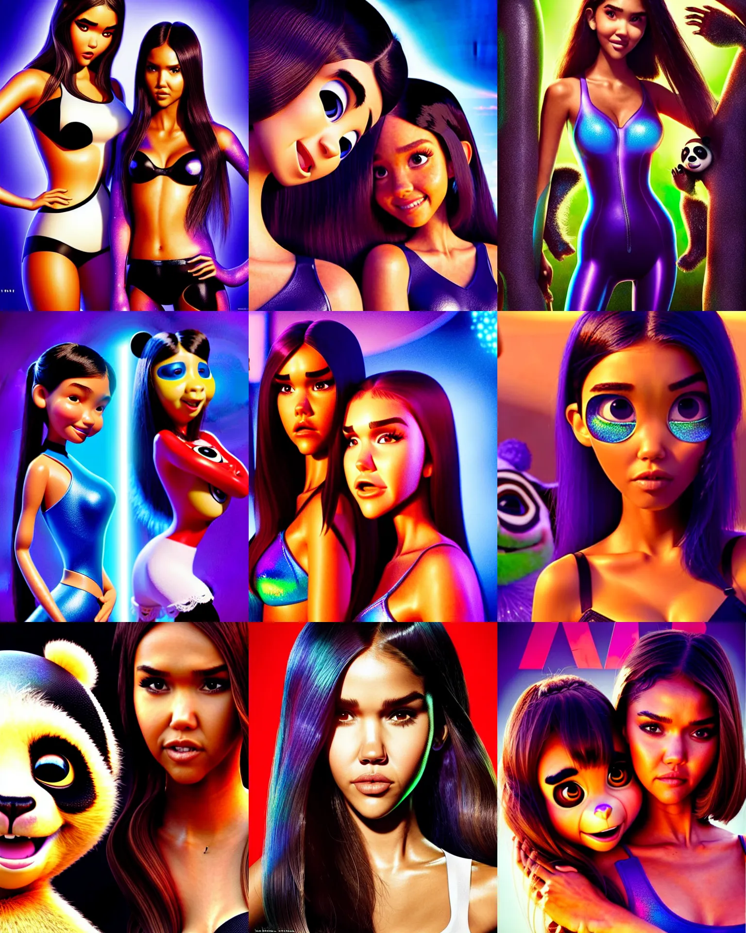 Prompt: pixar sci - fi movie still portrait photo of madison beer, jessica alba : : as hot panda woman by pixar : : by weta, marvel, maxim magazine cover, rave girl, unreal engine, sunburn, iridescent, bright morning, : :