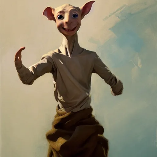 Image similar to greg manchess portrait of happy dobby the house elf cheering, organic painting, sunny day, matte painting, bold shapes, hard edges, street art, trending on artstation, by huang guangjian, gil elvgren, ruan jia, randy vargas, greg rutkowski