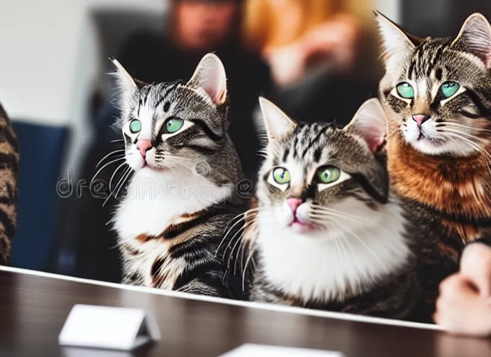 Image similar to photo of cats attending a management board meeting. Highly detailed 8k. Intricate. Sony a7r iv 55mm. Stock photo.