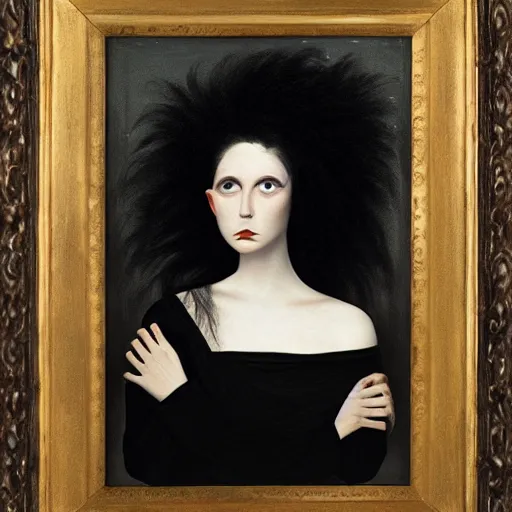 Prompt: a detailed portrait painting of a goth girl with big hair, she is crying, in the style of Raffael and Grant Wood, 4k,