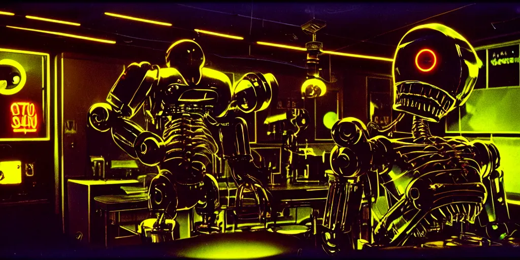 Image similar to movie still 3 5 mm film photograph a screaming and angry dangerous shape mechanical creature, with multiple sharp, leaking pistons, robot skulls and blades protruding from its lower torso inside of a 1 9 7 0 s science lab, neon lights, dirty, ektachrome photograph, volumetric lighting, f 8 aperture, cinematic eastman 5 3 8 4 film