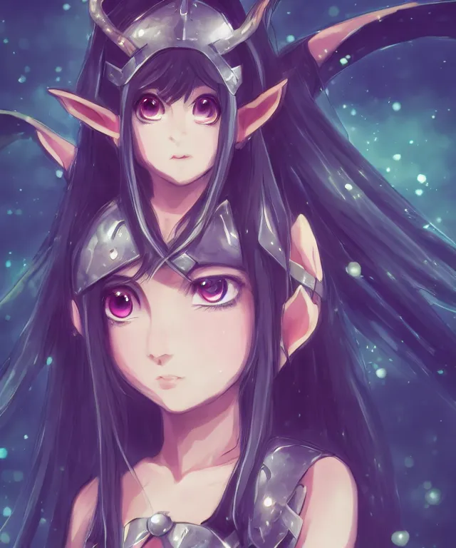 Prompt: adorable young cute anime elf girl, long black hair, fantasy armor. symmetrical face. symmetrical detailed defined eyes. beautiful lineart. bokeh pixiv # 1 ranking depth focus, chromatic aberration, noise, soft lighting, srgb, 4 k, cinematic