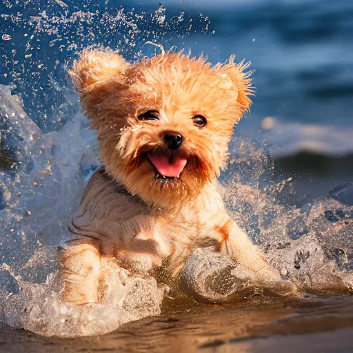 Image similar to a closeup photorealistic photograph of a cute smiling tiger bichon puppy splashing in the surf during sunset. professional capture, well lit shot. this 4 k hd image is trending on artstation, featured on behance, well - rendered, extra crisp, features intricate detail, epic composition and the style of unreal engine.