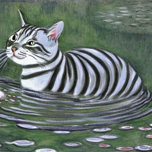 Prompt: a white and grey tabby cat, with a black and grey striped head and a white mouth, stretching on a lilypad floating on a lake, in the style of Water Lilies painting by Monet