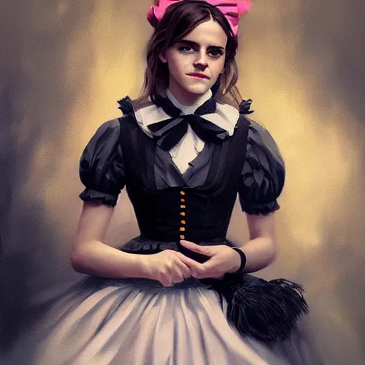 Prompt: highly detailed painting of emma watson wearing a black cat lolita maid dress, 8 k, by greg rutkowski, artgerm, loish, rhads, global illumination