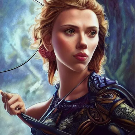 Image similar to Scarlett Johansson as a archer, cute, fantasy, intricate, elegant, highly detailed, centered, digital painting, artstation, concept art, smooth, sharp focus, illustration, art by artgerm and H R Giger and alphonse mucha