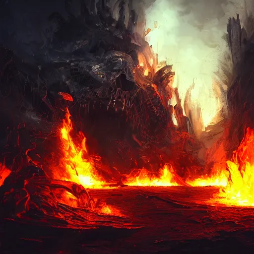 Image similar to A firey, hellish world with black ivory skeletons, dynamic lighting, cinematic, ultra detailed, creative, stunning visuals, hyperrealism, trending on art station