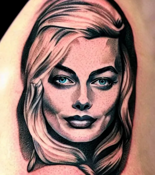 Prompt: tattoo design sketch of margot robbie and beautiful mountain scenery mash up, in the style of lesha lauz, surrealist, amazing detail, sharp