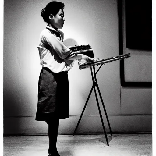 Prompt: A Filipino theremin player, portrait, Taschen, by Peter Lindbergh