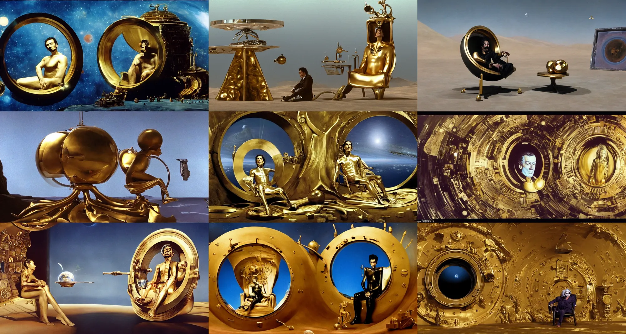 Prompt: background : a huge circle porthole in which space is visible, planet arrakis, spaceships | foreground : salvador dali sits on gold rectangle chair with many gold pipes | from the movie by alejandro jodorowsky with cinematogrophy of christopher doyle and art direction by hans giger, anamorphic lens, kodakchrome, 8 k