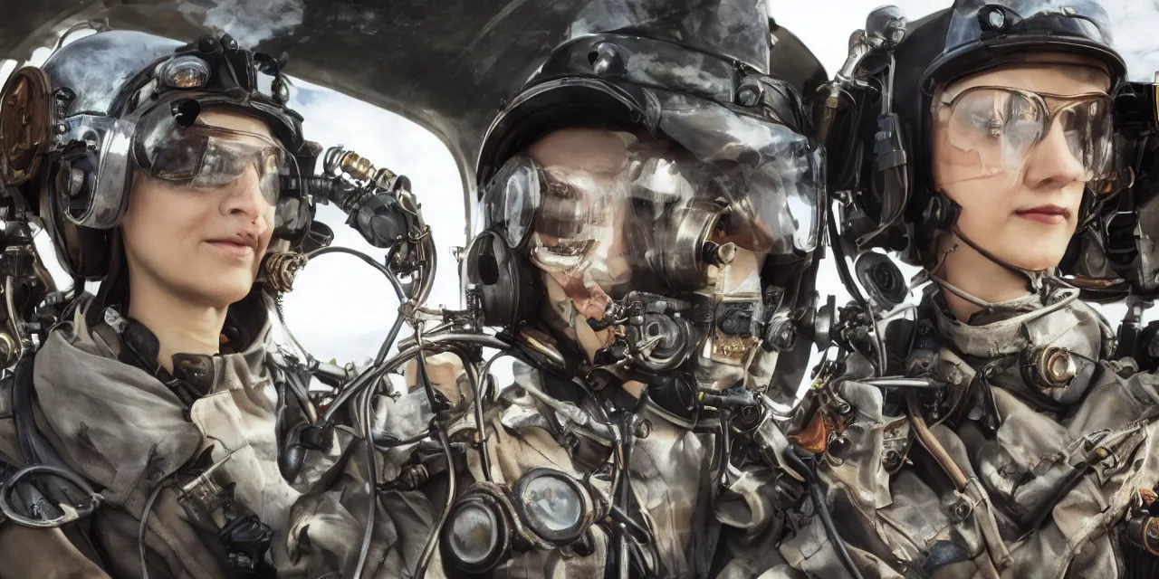 Prompt: hyper realistic oil picture of a steampunk female pilot