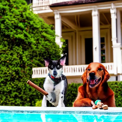 Image similar to a very detailed photo of a dog ( smoking a cigar ) outside the mansion by the pool