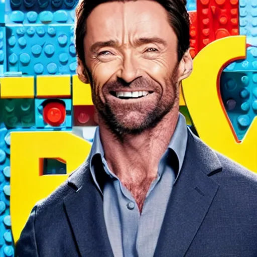 Prompt: hugh jackman as the host of lego masters, fashion photo,