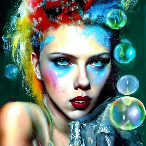 Image similar to young scarlett johansson as delirium from sandman, ( hallucinating colorful soap bubbles ), by jeremy mann, by sandra chevrier, by jean giraud and richard avedon, punk rock, tank girl, high detailed, 8 k