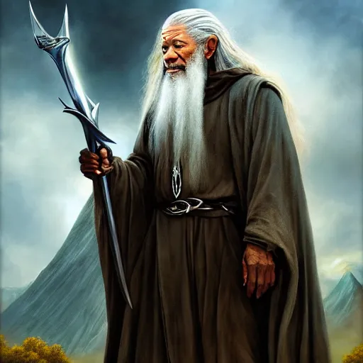 Image similar to morgan freeman starring as gandalf in lord of the rings, highly detailed matte fantasy painting, stormy lighting, by ross tran, by artgerm, by lisa frank, by brom, by peter mohrbacher