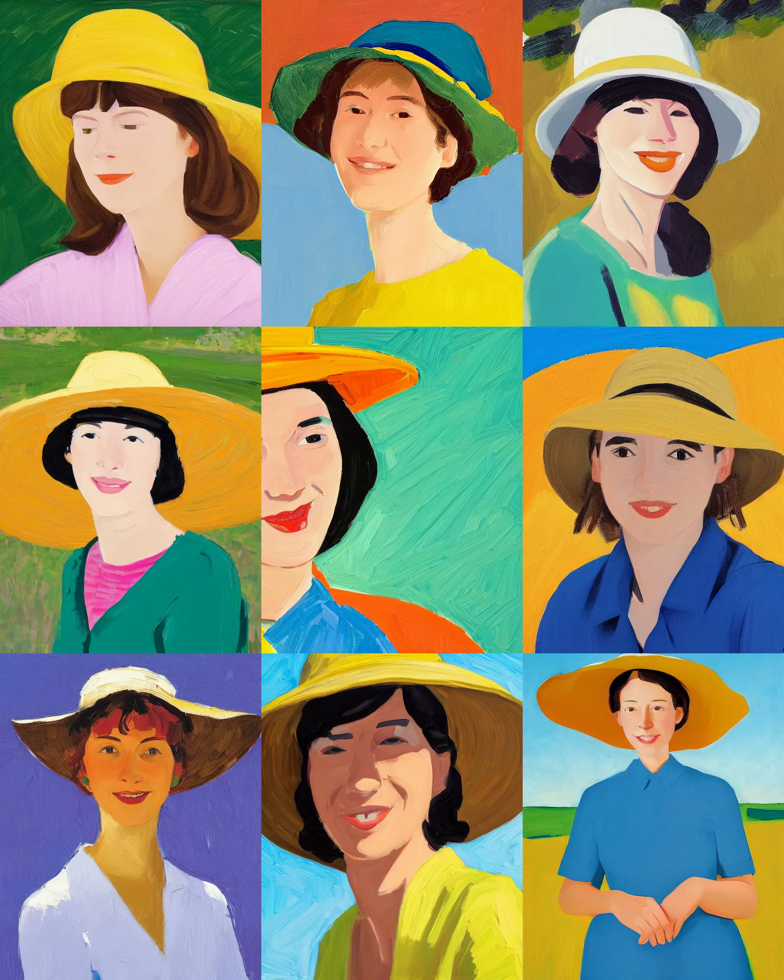 Image similar to portrait of a smiling young woman with sun hat, short hair, light background, colorful, peaceful, by alex katz, close up