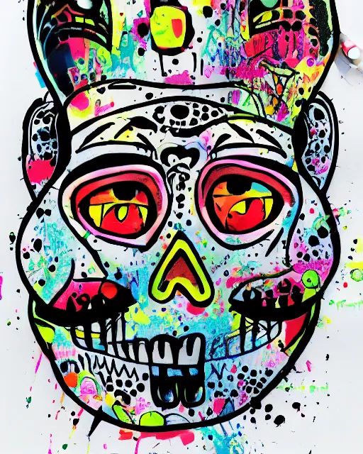 Image similar to day of the dead, cat, monotone pastel smoke, electric shock, a pen & ink, spray art, spatter and collage design, isolated on white rule of thirds, by BAPE and Alex Yanes, Juxtapoz Magazine