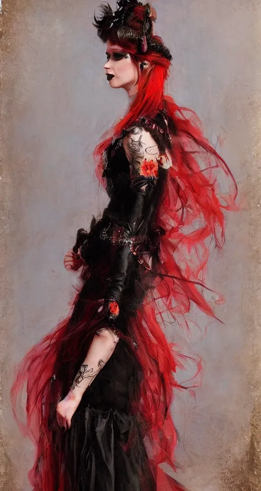 Image similar to one person only. One head only. Long flowing dress. Solomon Joseph Solomon and Richard Schmid and Jeremy Lipking victorian genre painting portrait painting of a young beautiful woman punk rock goth with punk rock haircut in fantasy costume, red background