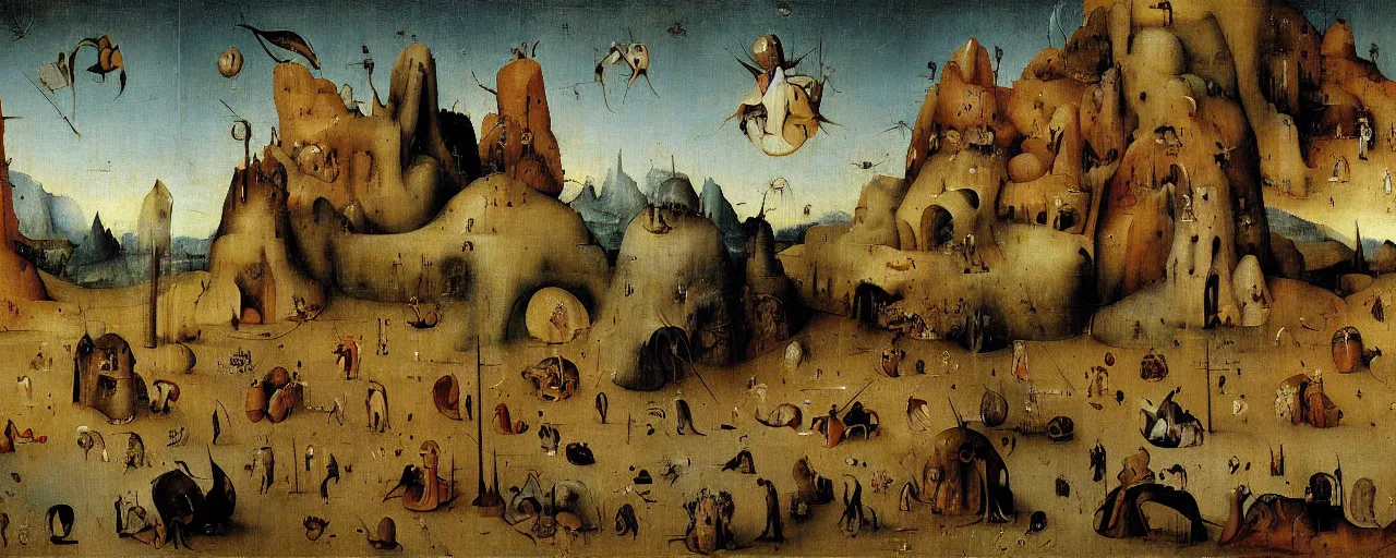 Image similar to Desert Oasis Triptych by Hieronymus Bosch, surreal oil painting, highly detailed, dream like, masterpiece
