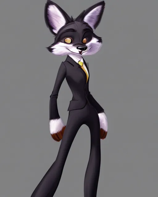 Image similar to digital painting full body of anthromorphic furry female wolf, in style of zootopia, female fursona, furry, furaffinity, 4 k, artstation furry, deviantart, furry art, fursona art, wearing black business suit, wearing black business suit, wolf fursona, female, very expressive detailed feminine face,