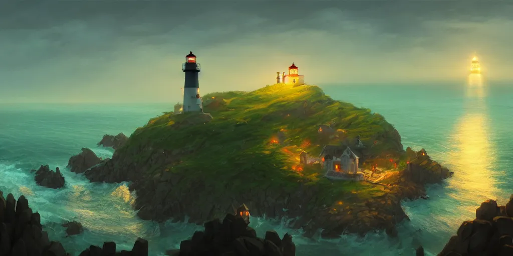 Image similar to Very small fantasy village on a cape with a lighthouse shining with green light, fishing boats, view from above. In style of Greg Rutkowski, Jesper Ejsing, Makoto Shinkai, trending on ArtStation, fantasy, great composition, concept art, highly detailed, scenery, 8K, Behance.