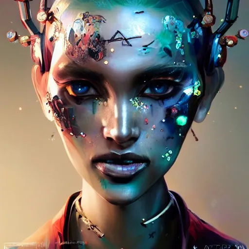 Prompt: A masterpiece portrait of a Incredibly beautiful half slightly damaged crying robot-synth girl Combat amazing makeup. tribal fashion. Cyberpunk. First sparkles. Vogue. trending on artstation, digital art, by Stanley Artgerm Lau, WLOP, Rossdraws, James Jean, Andrei Riabovitchev, Marc Simonetti, Yoshitaka Amano