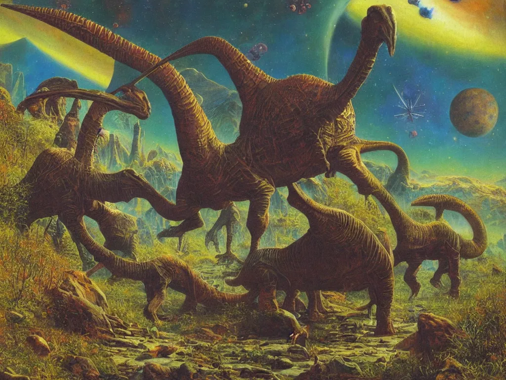 Prompt: no mans sky, acid, by bob eggleton, diplodocus